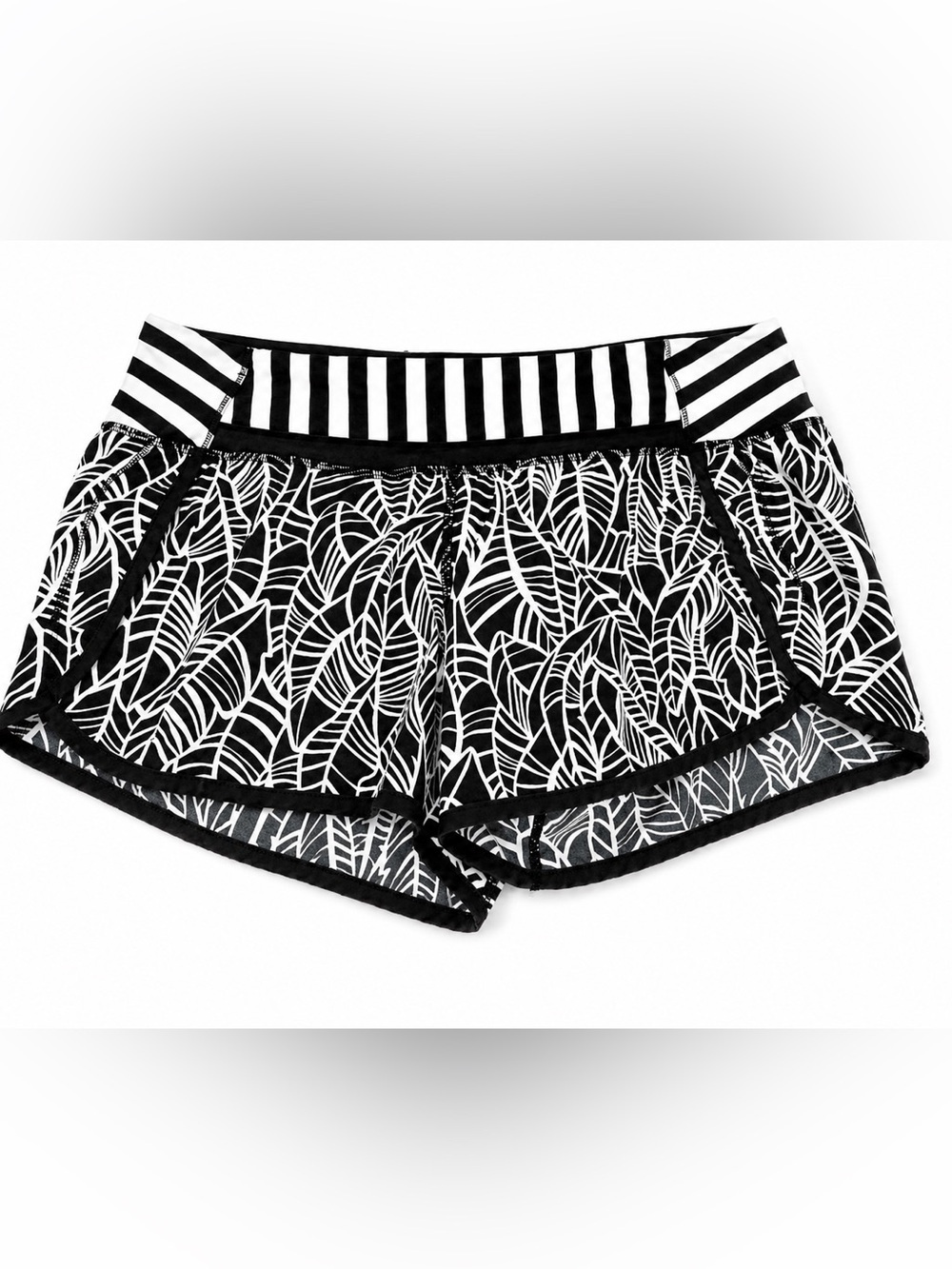 Lululemon Speed Shorts black & white palm leaf w stripe waist 10